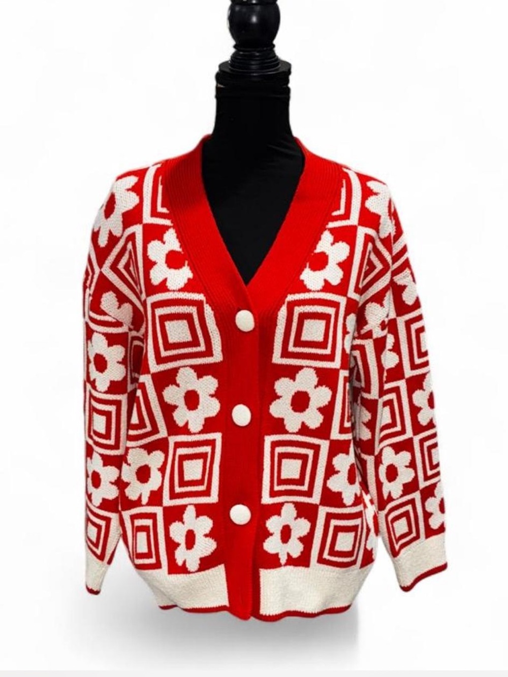 Zara orange and White Floral Geo Knit Cardigan